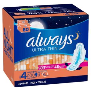 Always - Ultra Thin Size 4 Overnight Pads With Wings, Unscented - 80 ct.