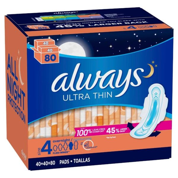 Always - Ultra Thin Size 4 Overnight Pads With Wings, Unscented - 80 ct.